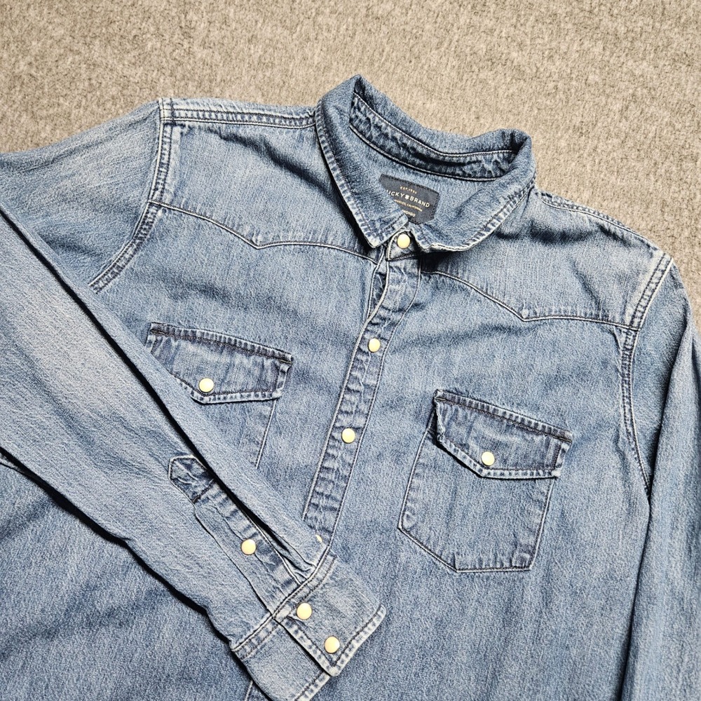 Lucky Brand Classic Western Shirt Mens XL Blue True Indigo Pearl Snap Denim